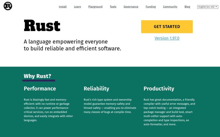 Screenshot di rust-lang.org