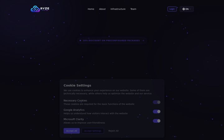 Screenshot of ryzehosting.com