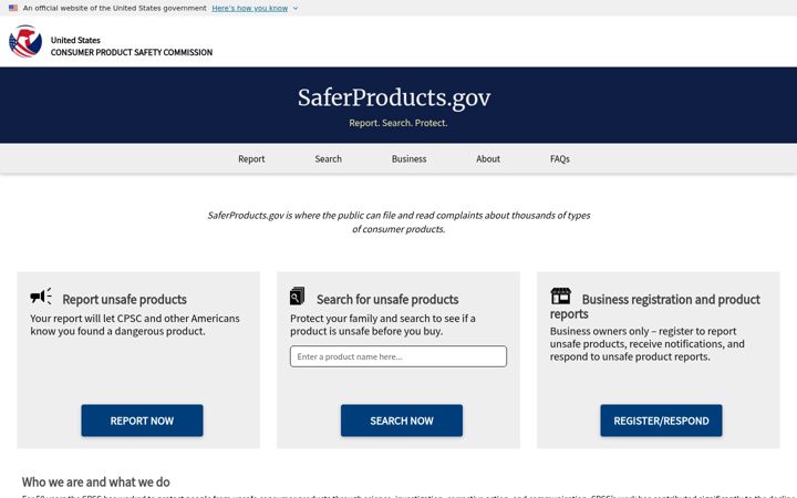 Screenshot of saferproducts.gov