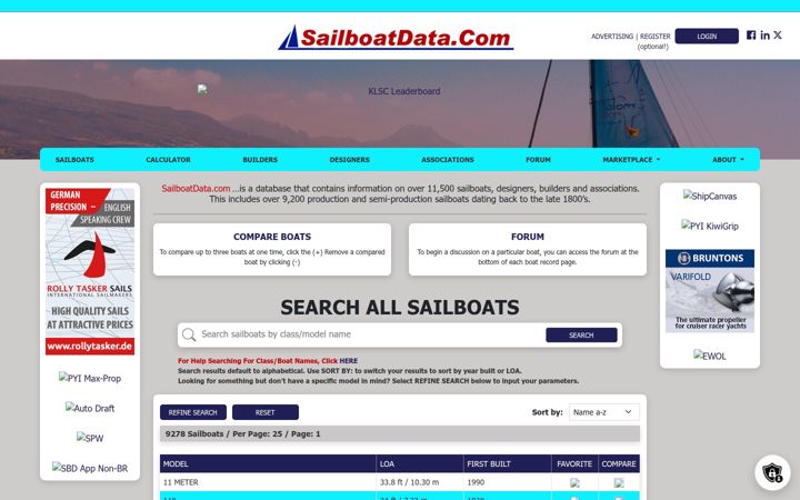 Screenshot of sailboatdata.com