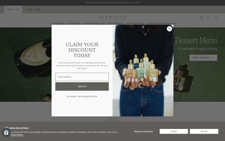 Screenshot of sandandfoghome.com