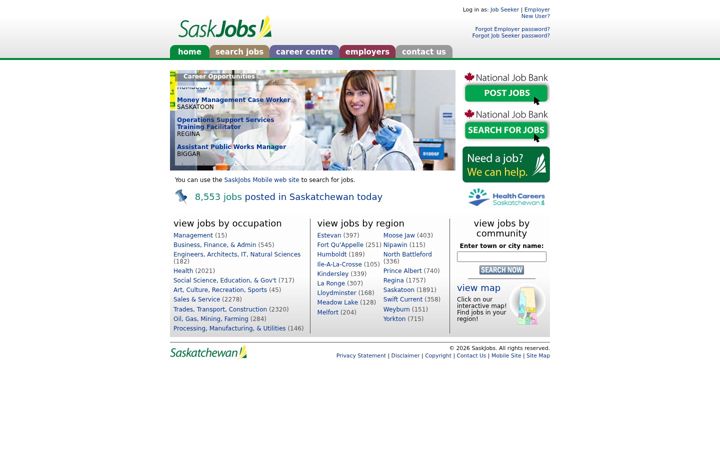 Screenshot of saskjobs.ca