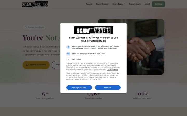 Screenshot of scamwarners.com