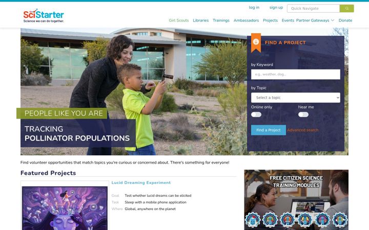 Screenshot of scistarter.org