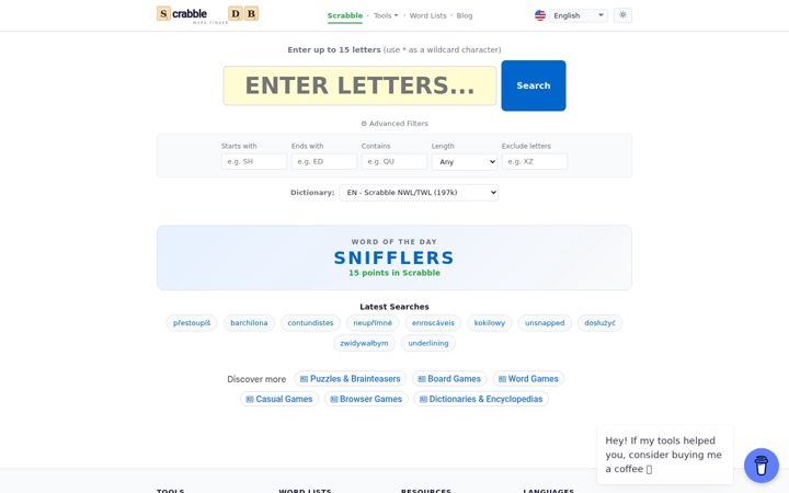 Screenshot of scrabbledb.com