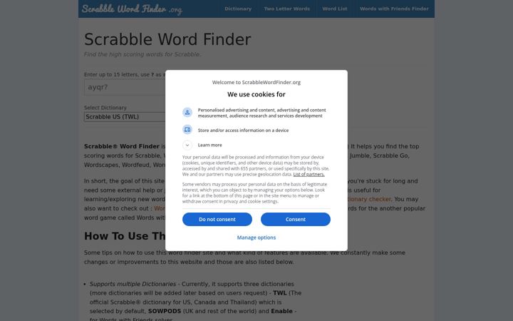 Ekraanipilt saidist scrabblewordfinder.org