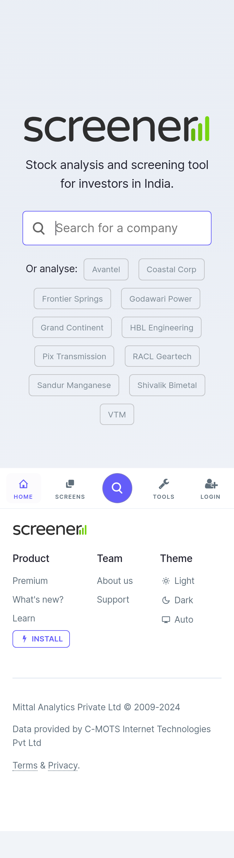 Mobile screenshot of screener.in