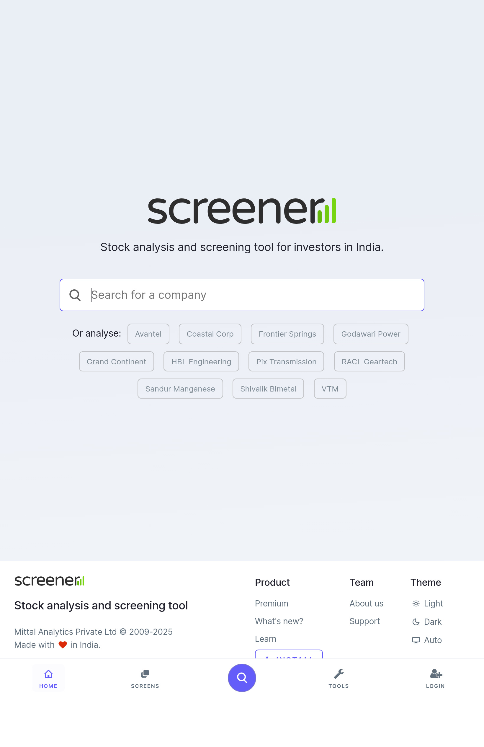 Tablet screenshot of screener.in