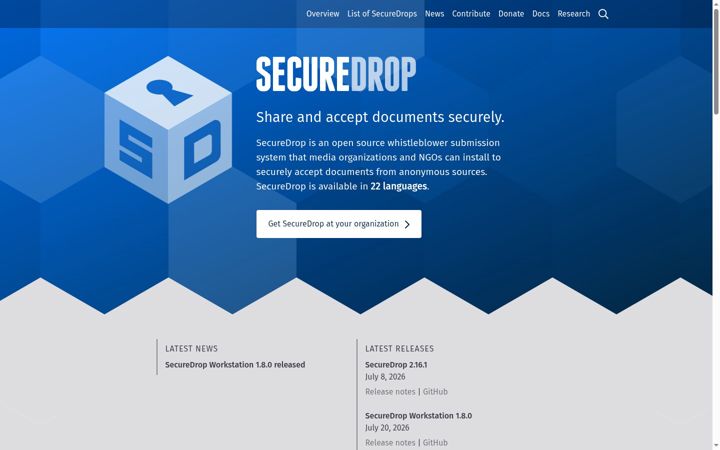 Snimka zaslona za securedrop.org