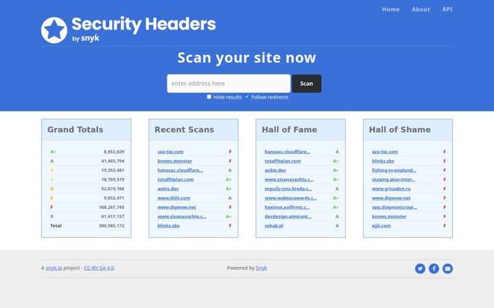Екранна снимка на securityheaders.com