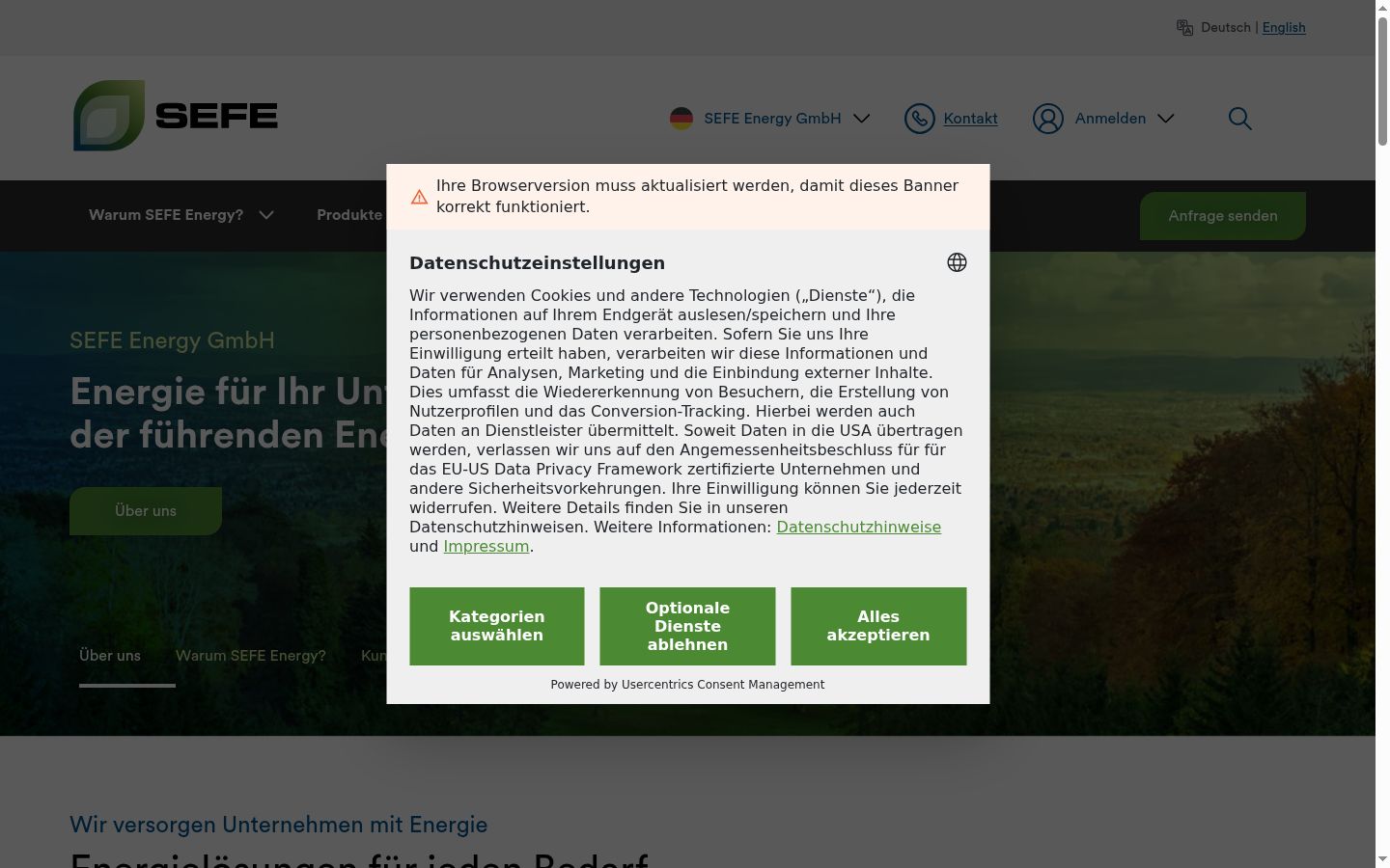 Screenshot des Einwilligungsbanners vor jeglicher Interaktion