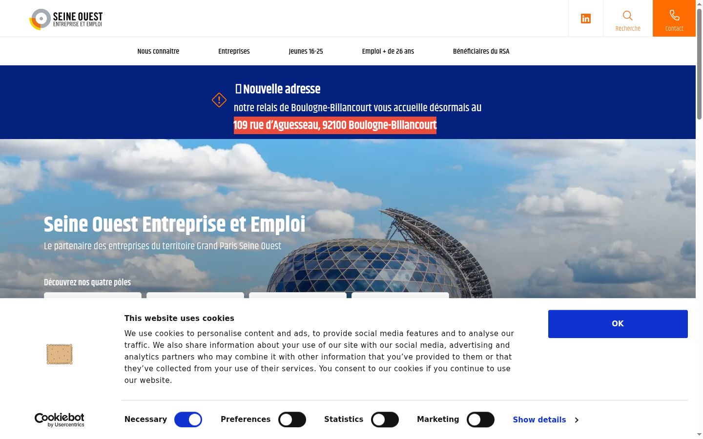 Capture d'écran de la bannière de consentement affichée avant toute interaction