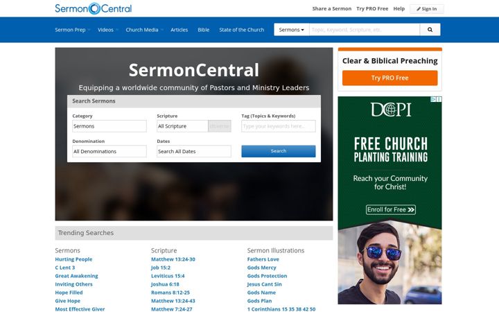 Skärmbild av sermoncentral.com