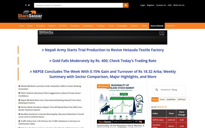 Screenshot of sharesansar.com