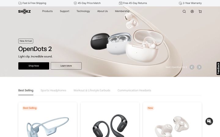 Captură de ecran a shokz.com