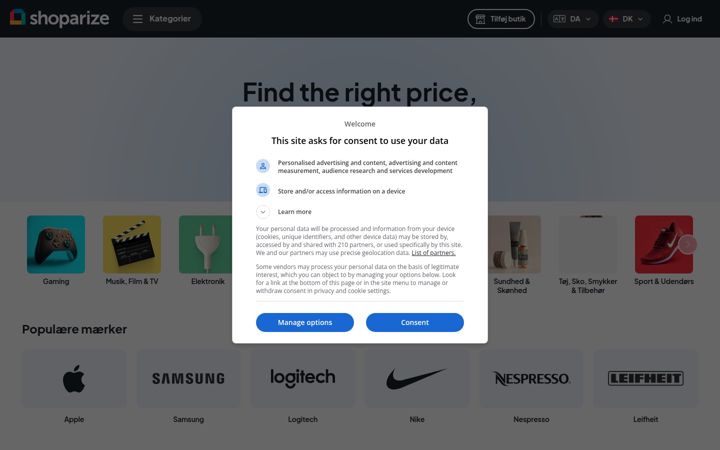 Skærmbillede af shoparize.com