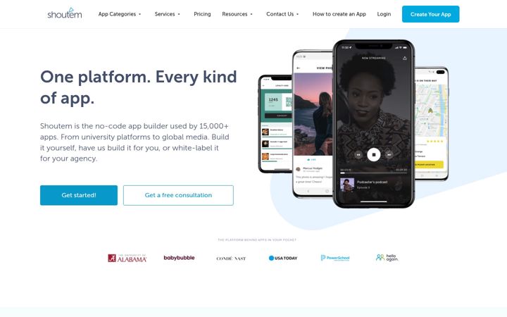 Captura de ecrã de shoutem.com