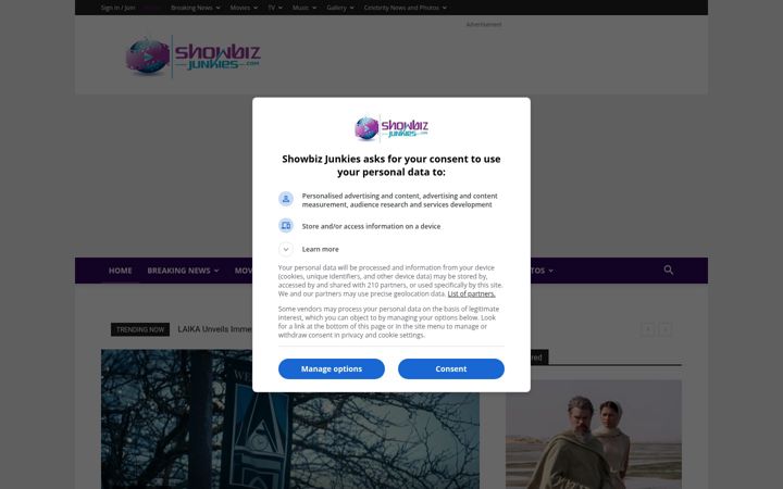 Screenshot of showbizjunkies.com