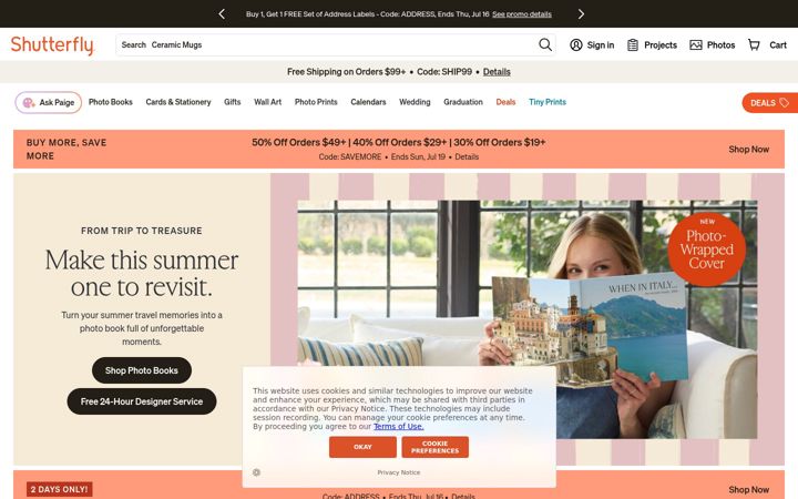 Captură de ecran a shutterfly.com