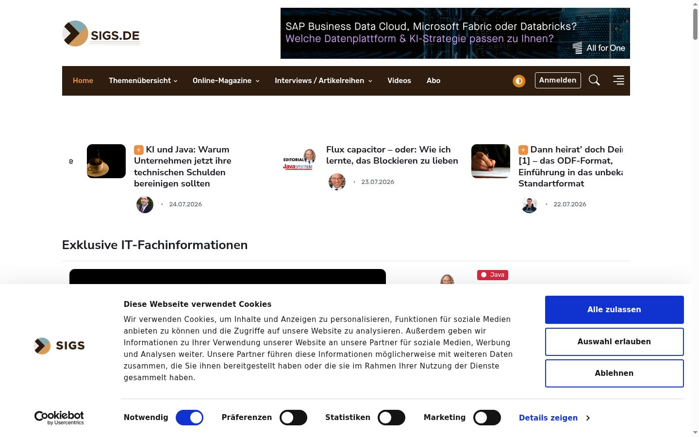 Screenshot des Einwilligungsbanners vor jeglicher Interaktion