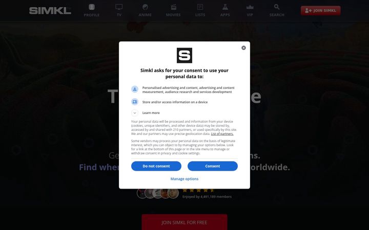 Screenshot of simkl.com