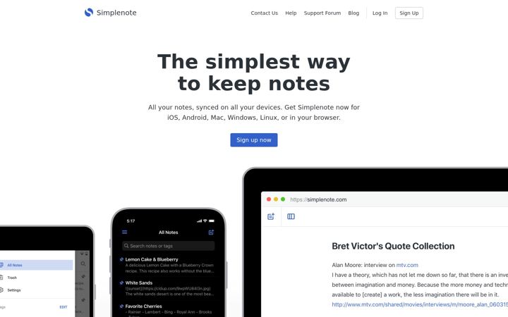 Screenshot of simplenote.com