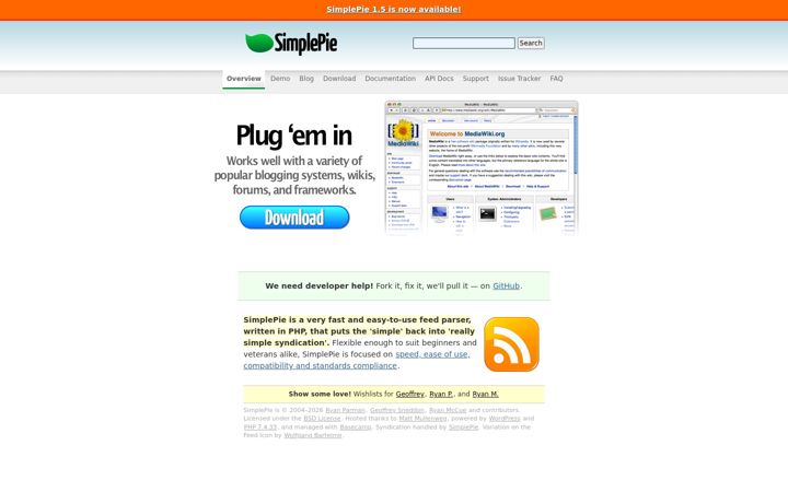 Screenshot van simplepie.org