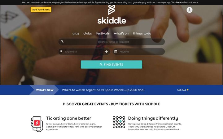 Ekrānuzņēmums no skiddle.com