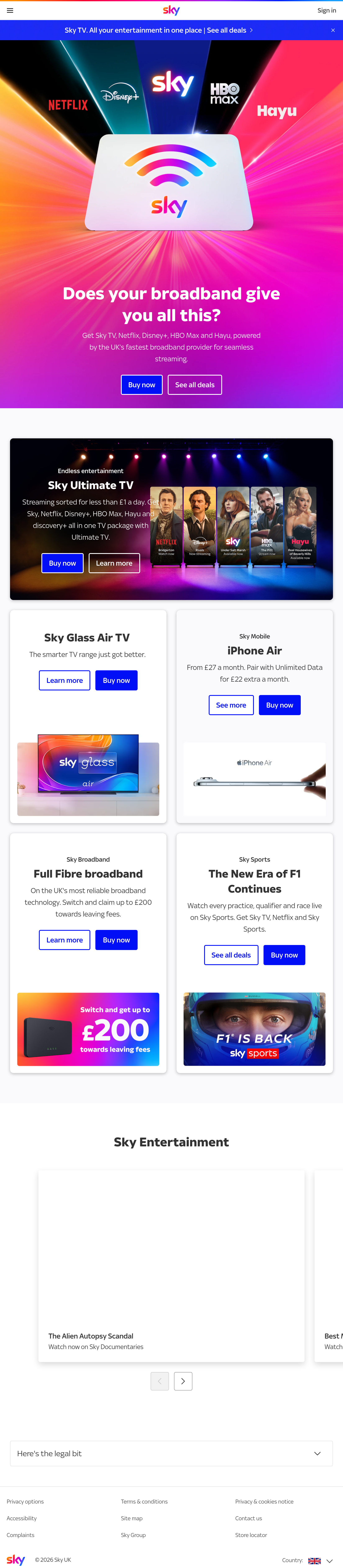 Tablet screenshot of sky.com
