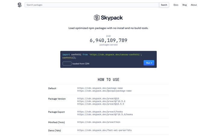 Screenshot of skypack.dev