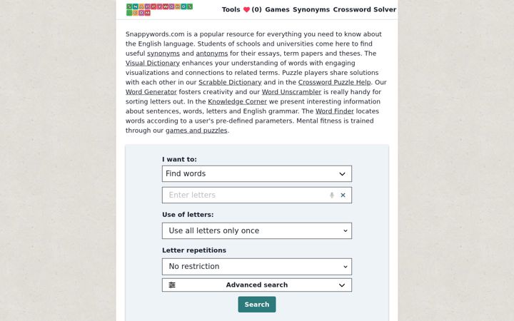 Kuvakaappaus sivustosta snappywords.com