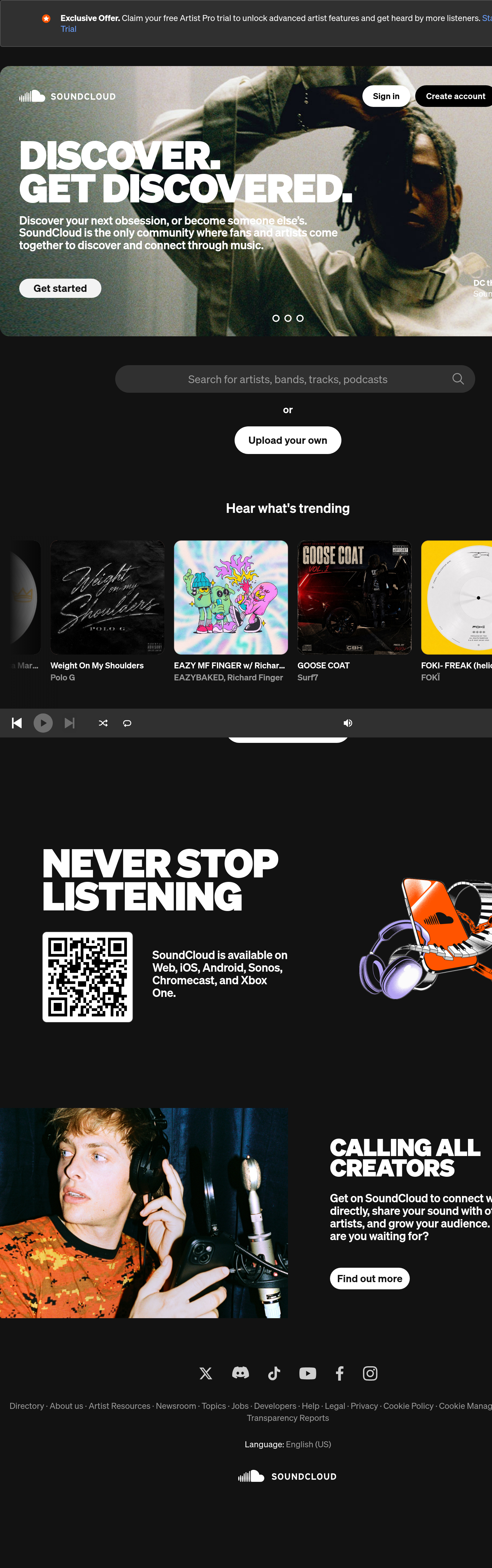 Tablet screenshot of soundcloud.com