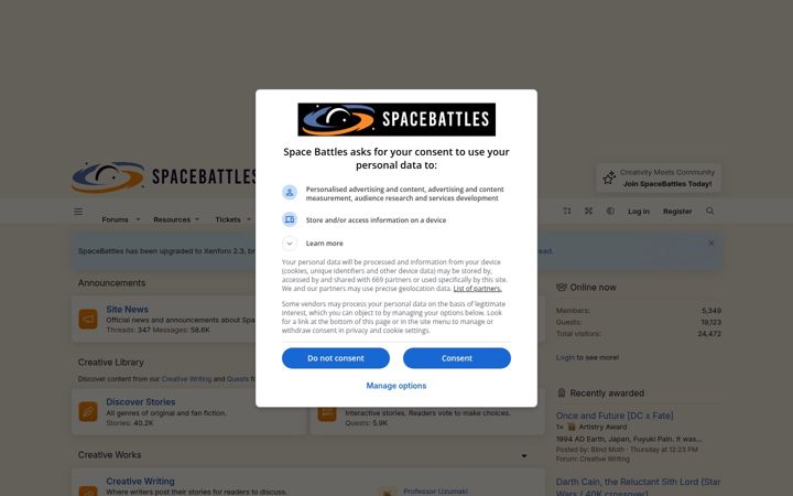 Captură de ecran a spacebattles.com