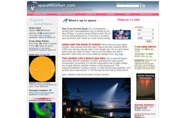 Captura de pantalla de spaceweather.com