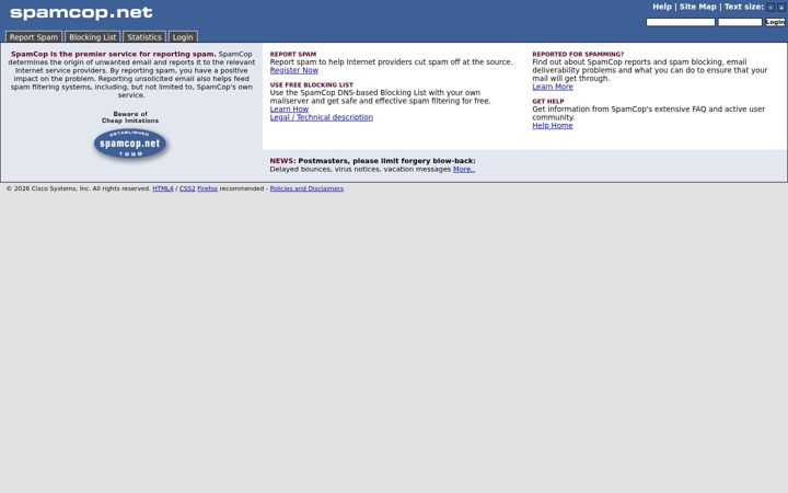 Snímek obrazovky spamcop.net