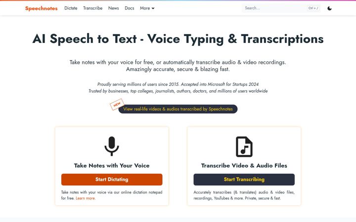 Screenshot of speechnotes.co