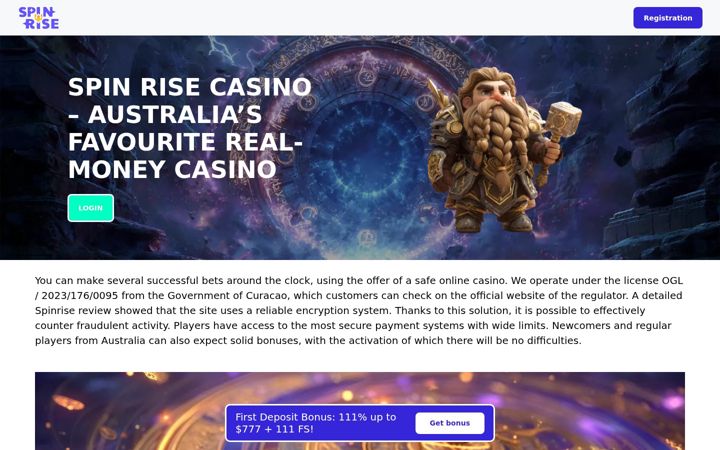 Screenshot of spinrisecasinoau.com