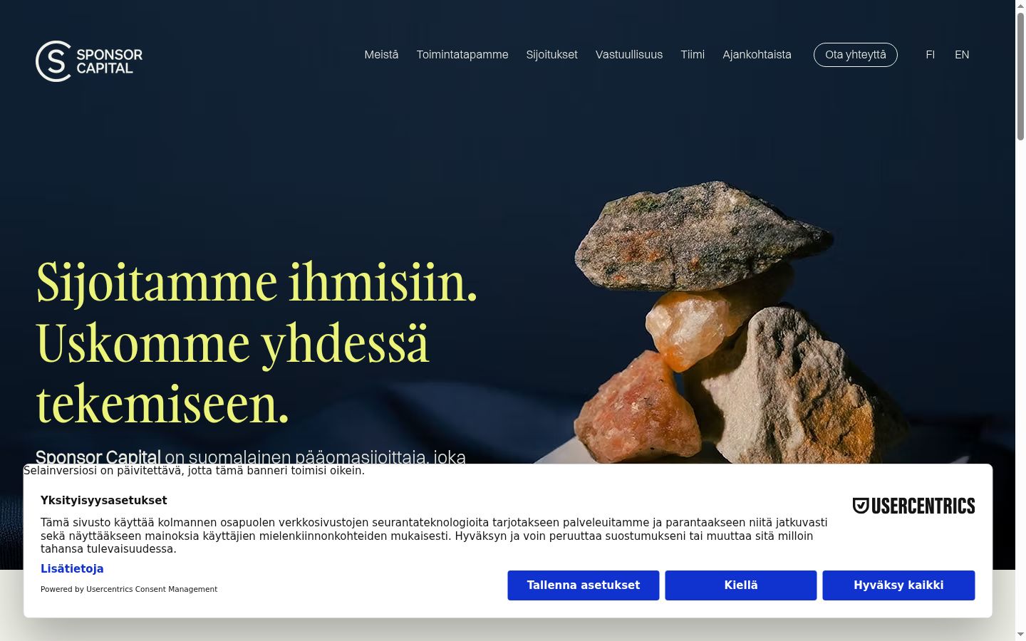 Posnetek zaslona pasice za privolitev, prikazane pred kakršno koli interakcijo