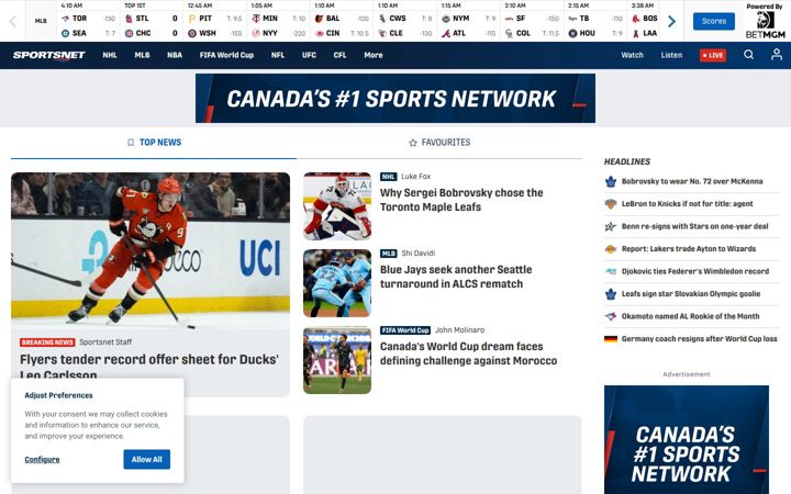 Екранна снимка на sportsnet.ca