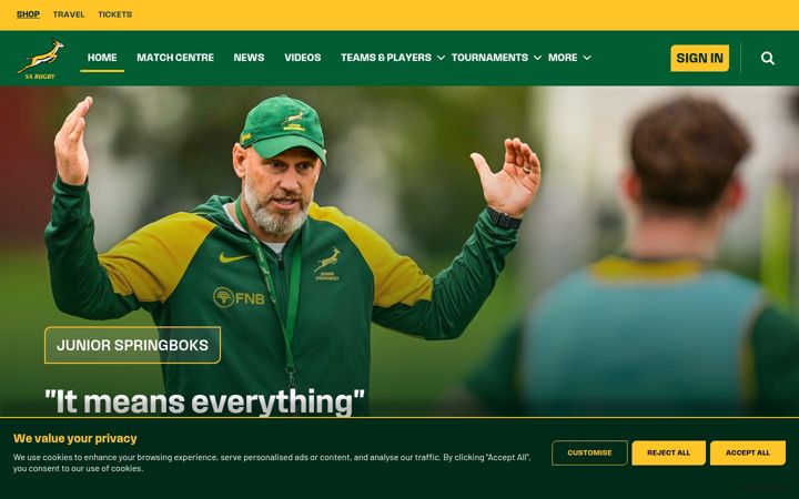 Ekraanipilt saidist springboks.rugby