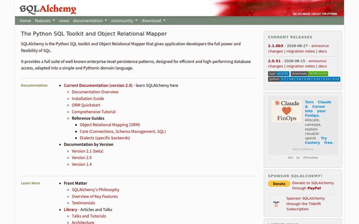 Screenshot of sqlalchemy.org