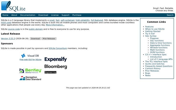 Screenshot van sqlite.org