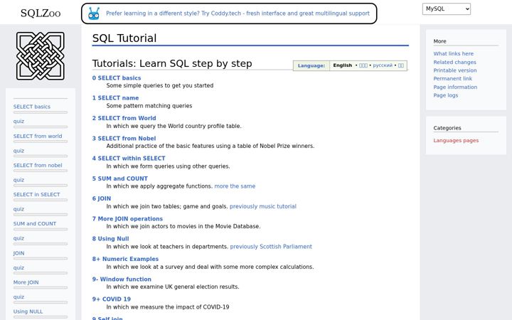 Screenshot of sqlzoo.net