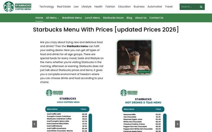 Zrzut ekranu starbucksmenue.com