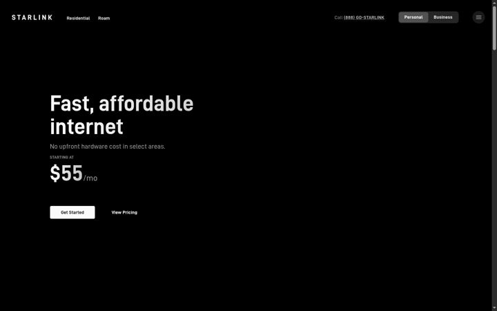 Screenshot stránky starlink.com