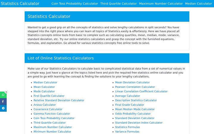 Screenshot of statisticscalculators.net