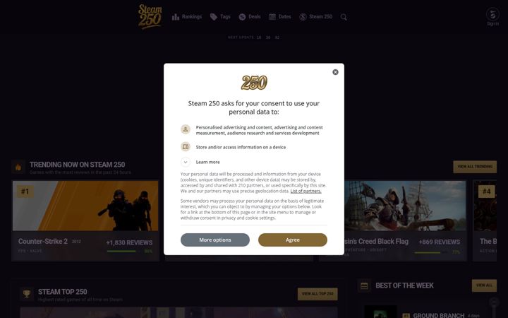 Screenshot of steam250.com