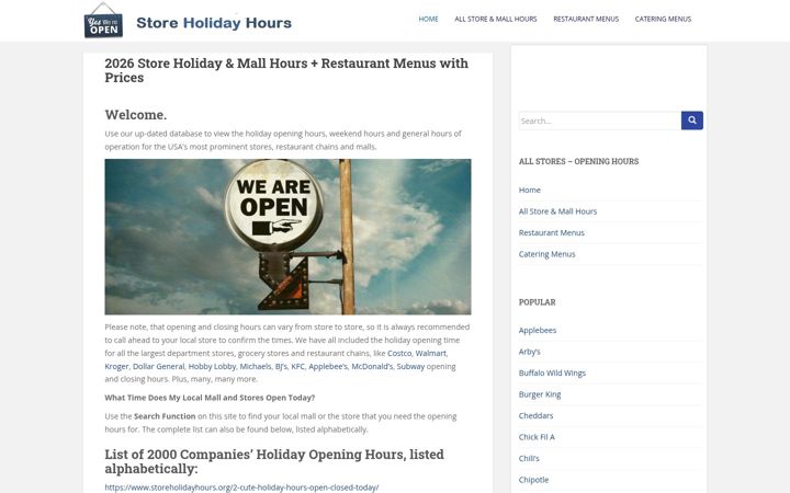 Skärmbild av storeholidayhours.org