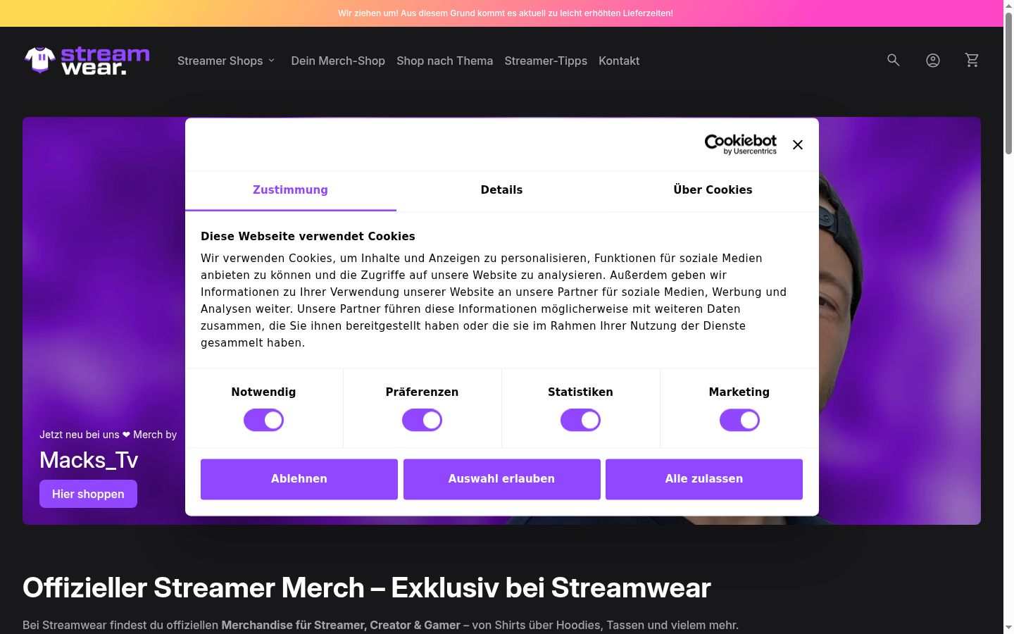 Screenshot of the consent banner shown before any interaction