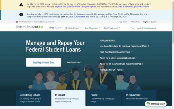 Screenshot of studentaid.gov